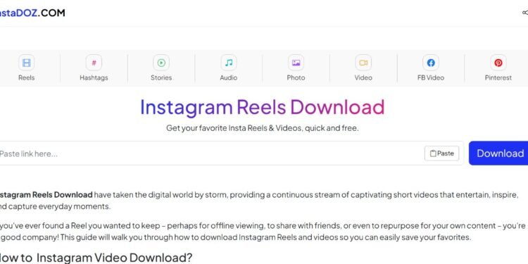 Instagram video downloader interface for downloading Reels from instadoz.com.