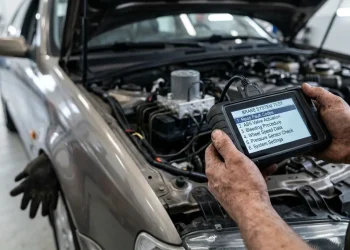 Mechanic running an ABS system test with a diagnostic scanner