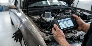 Mechanic running an ABS system test with a diagnostic scanner