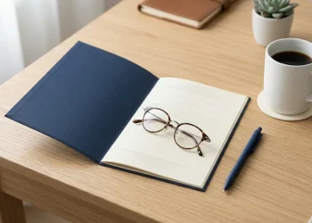 Open insurance policy booklet and reading glasses on a desk