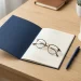 Open insurance policy booklet and reading glasses on a desk