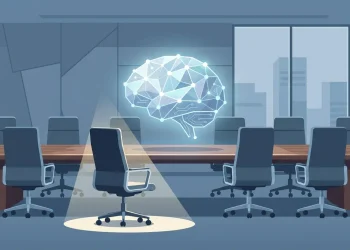 Empty boardroom chairs around an AI system, showing missing ownership of an AI project.