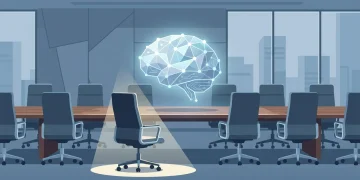 Empty boardroom chairs around an AI system, showing missing ownership of an AI project.