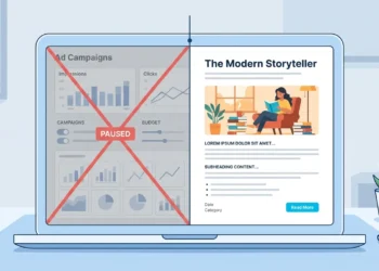 Split illustration comparing an advertising dashboard with a general blog layout
