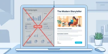 Split illustration comparing an advertising dashboard with a general blog layout