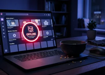 Laptop showing an offline anime streaming website at night