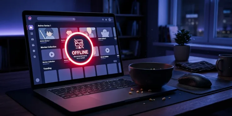Laptop showing an offline anime streaming website at night