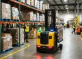 Automated forklift navigating safely through a warehouse environment.