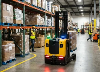 Automated forklift navigating safely through a warehouse environment.