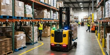 Automated forklift navigating safely through a warehouse environment.