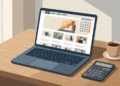 Laptop showing a multi-category blog homepage with a calculator tool beside it on a desk