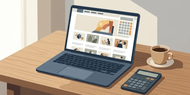 Laptop showing a multi-category blog homepage with a calculator tool beside it on a desk
