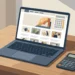 Laptop showing a multi-category blog homepage with a calculator tool beside it on a desk