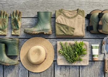 Garden gloves, rubber boots, sun hat and work clothes laid out for a community garden workday
