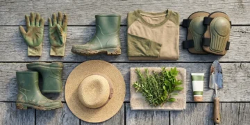 Garden gloves, rubber boots, sun hat and work clothes laid out for a community garden workday