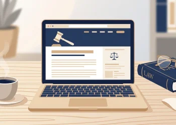 Laptop showing a legal information article beside a law book and reading glasses