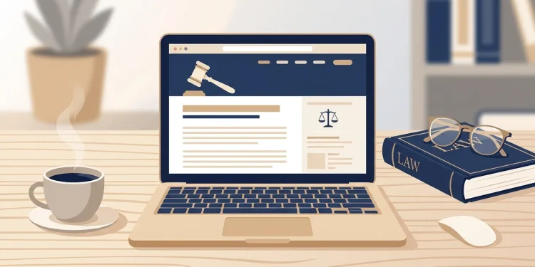 Laptop showing a legal information article beside a law book and reading glasses