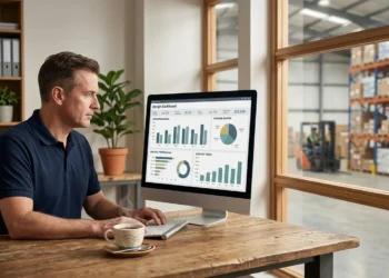 Distribution manager reviewing order margin data on a monitor in a warehouse office