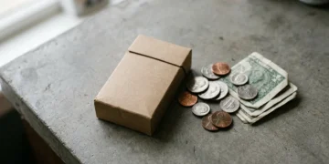Unbranded cigarette pack on a counter next to US cash and coins