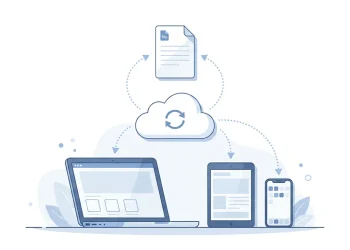 One document syncing across a laptop, tablet, and phone through the cloud
