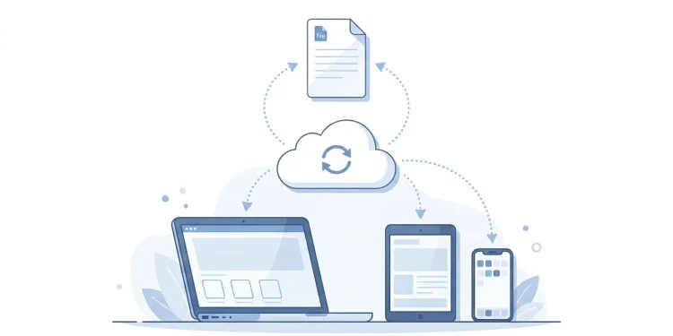 One document syncing across a laptop, tablet, and phone through the cloud