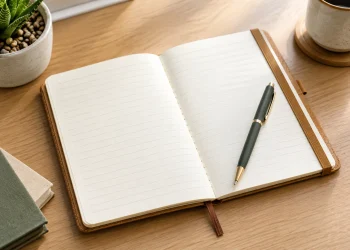 Eco notebook with cactus-leather cover opened flat showing ruled cream pages