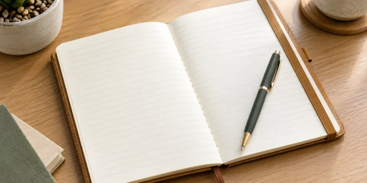 Eco notebook with cactus-leather cover opened flat showing ruled cream pages