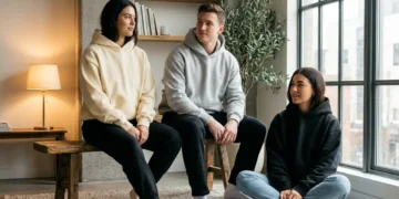 Three models wearing cream, grey, and black oversized fleece hoodies arranged side by side in a modern room, demonstrating the effect of warm indoor lamp lighting versus cool natural window daylight on neutral fabric colors.