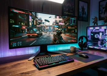 A neon-lit gaming desk features a wide monitor showing a cyberpunk city street, with an RGB keyboard, mouse, and glowing PC for an immersive mood.