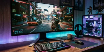 A neon-lit gaming desk features a wide monitor showing a cyberpunk city street, with an RGB keyboard, mouse, and glowing PC for an immersive mood.