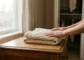 Hands resting on a folded sweater beside an open closet in morning light