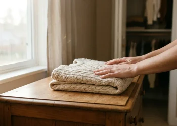 Hands resting on a folded sweater beside an open closet in morning light