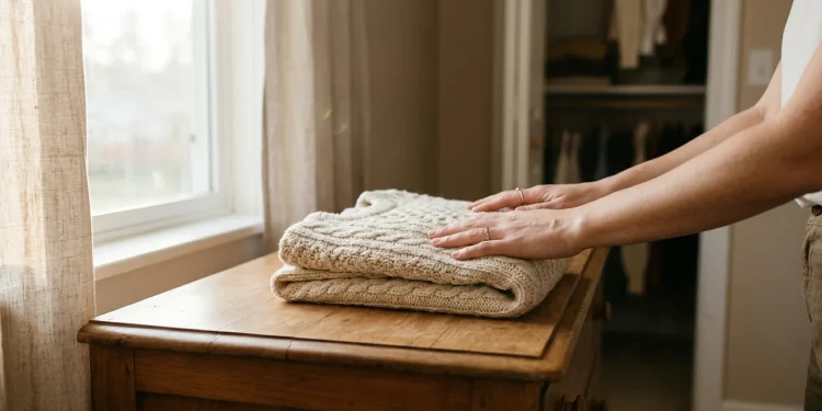 Hands resting on a folded sweater beside an open closet in morning light