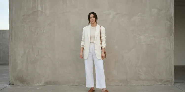 Woman wearing a layered all-white outfit with an ivory blazer and cream knit in daylight