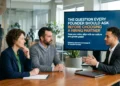 Two founders sit attentively at a conference table, listening to a potential recruitment consultant speaking gesturally. In the background, a large digital display screen shows the text: "THE QUESTION EVERY FOUNDER SHOULD ASK BEFORE CHOOSING A HIRING PARTNER."