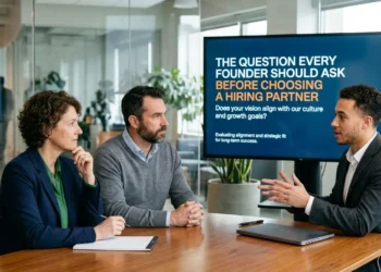 Two founders sit attentively at a conference table, listening to a potential recruitment consultant speaking gesturally. In the background, a large digital display screen shows the text: "THE QUESTION EVERY FOUNDER SHOULD ASK BEFORE CHOOSING A HIRING PARTNER."