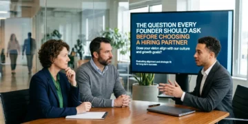 Two founders sit attentively at a conference table, listening to a potential recruitment consultant speaking gesturally. In the background, a large digital display screen shows the text: "THE QUESTION EVERY FOUNDER SHOULD ASK BEFORE CHOOSING A HIRING PARTNER."