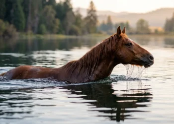 Horse swimming through calm lake water with its head above the surface
