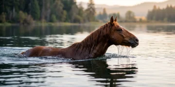 Horse swimming through calm lake water with its head above the surface