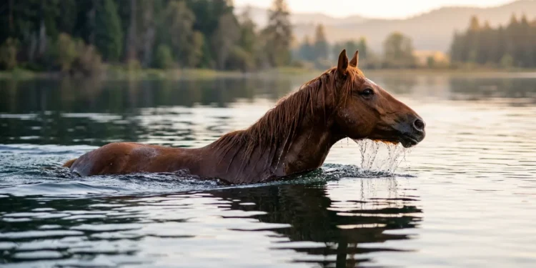 Horse swimming through calm lake water with its head above the surface