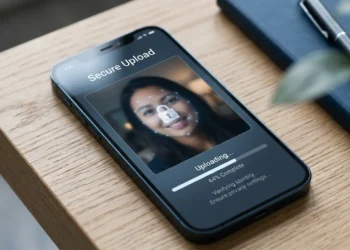 Smartphone uploading a selfie to an AI app with a facial recognition grid and padlock overlay