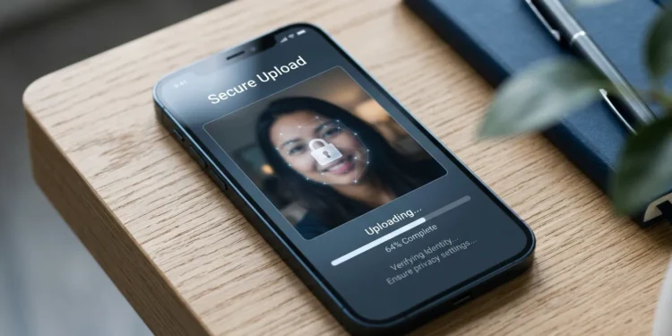 Smartphone uploading a selfie to an AI app with a facial recognition grid and padlock overlay