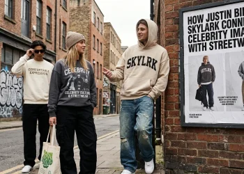 Streetwear-inspired photo of three people walking down a brick-paved alleyway past a poster titled "How Justin Bieber Skylark Connects Celebrity Image With Streetwear".