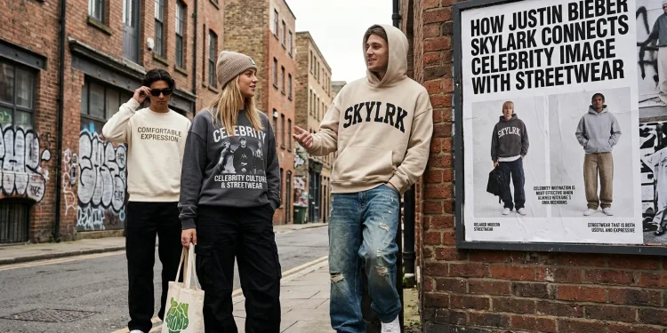 Streetwear-inspired photo of three people walking down a brick-paved alleyway past a poster titled "How Justin Bieber Skylark Connects Celebrity Image With Streetwear".