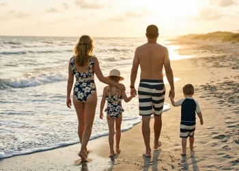 Family of four in coordinated navy and cream swimwear walking along a beach