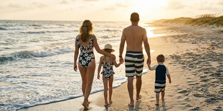 Family of four in coordinated navy and cream swimwear walking along a beach