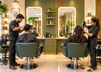 Stylists attending to clients inside a modern unisex hair salon in India