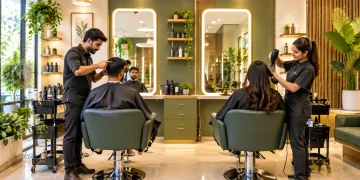 Stylists attending to clients inside a modern unisex hair salon in India