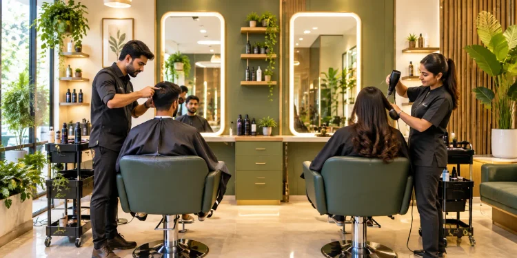 Stylists attending to clients inside a modern unisex hair salon in India