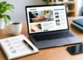 A laptop displays the Voozon website on a tidy wooden desk beside a coffee cup, plant, notebook, pen, books, and phone, creating a calm, productive workspace.
